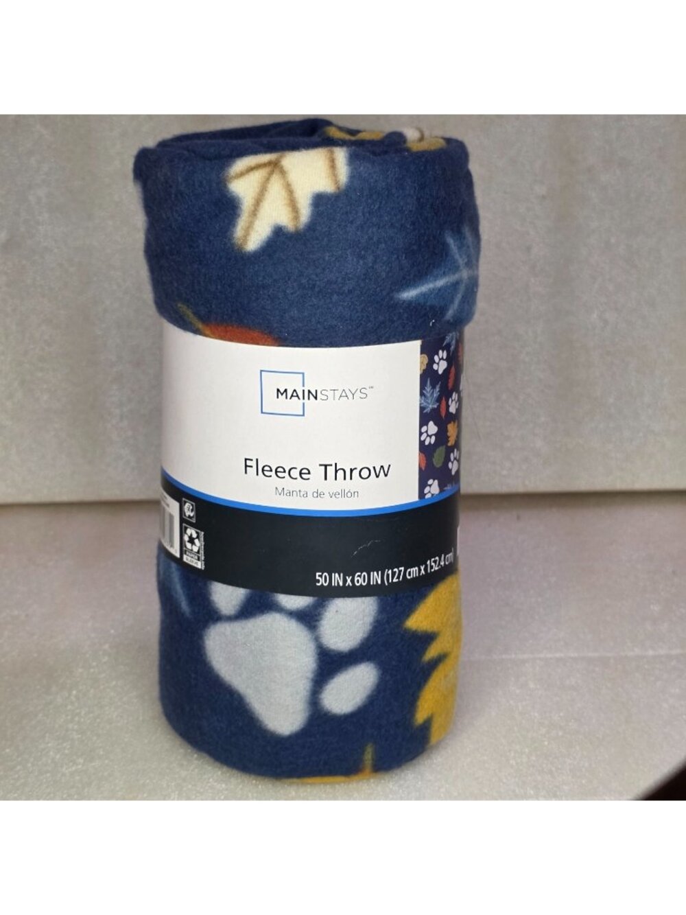 Mainstays Fleece Throw‎ Blanket 50x60 Fall Leaves Paw Print Navy Blue New